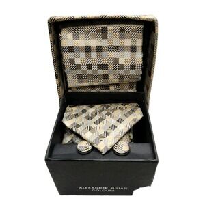 Alexander Julian Colours Tie Hanky Cufflink Cuff Link Matching Gift Set Gold